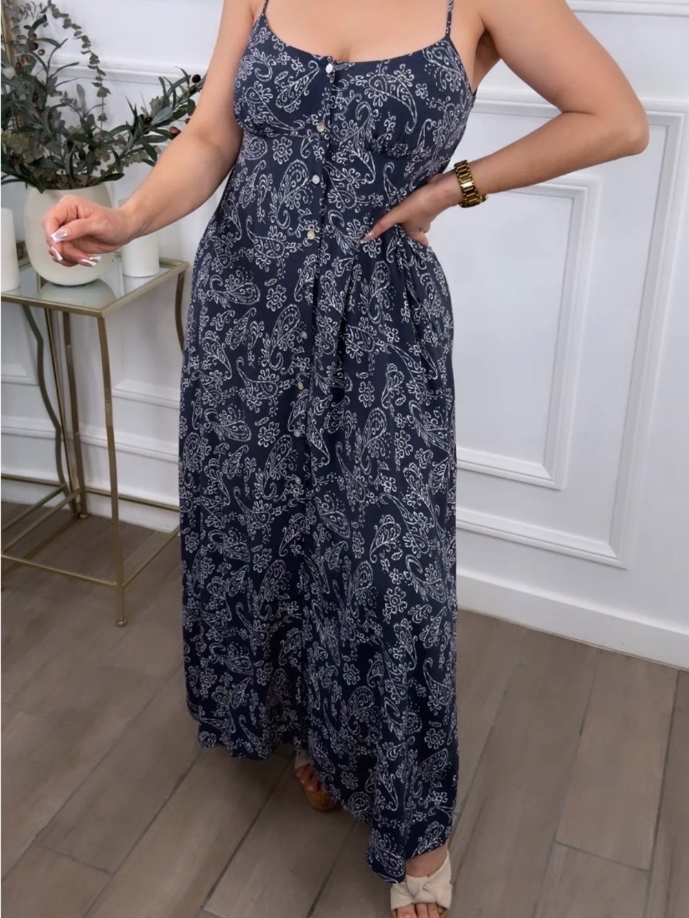 Navy Paisley Spaghetti-Strap Maxi Dress